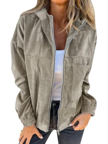 Onsoyours Damen Cord Jacke Übergangsjacke mit Kapuze Brauner Cord Mantel Damen Übergangsjacke Gefüttert Langarm Reißverschluss Herbst-Wintermantel mit Taschen A Khaki XS von Onsoyours