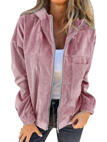 Onsoyours Damen Cord Jacke Übergangsjacke mit Kapuze Brauner Cord Mantel Damen Übergangsjacke Gefüttert Langarm Reißverschluss Herbst-Wintermantel mit Taschen A Rosa XL von Onsoyours