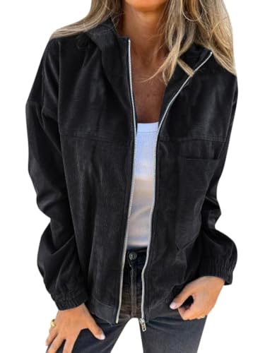 Onsoyours Damen Cord Jacke Übergangsjacke mit Kapuze Brauner Cord Mantel Damen Übergangsjacke Gefüttert Langarm Reißverschluss Herbst-Wintermantel mit Taschen A Schwarz XXL von Onsoyours