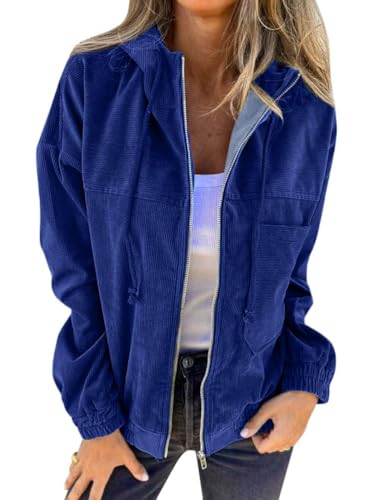 Onsoyours Damen Cord Jacke Übergangsjacke mit Kapuze Brauner Cord Mantel Damen Übergangsjacke Gefüttert Langarm Reißverschluss Herbst-Wintermantel mit Taschen B Blau XL von Onsoyours