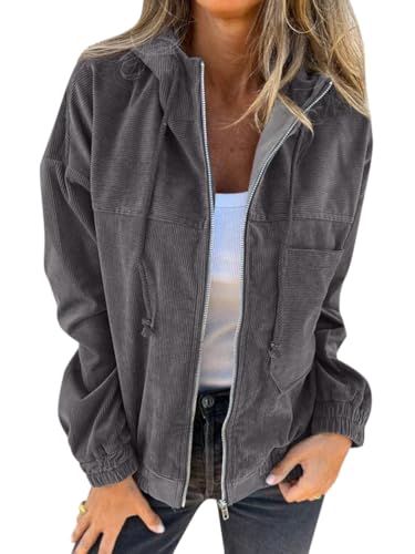 Onsoyours Damen Cord Jacke Übergangsjacke mit Kapuze Brauner Cord Mantel Damen Übergangsjacke Gefüttert Langarm Reißverschluss Herbst-Wintermantel mit Taschen B Dunkelgrau L von Onsoyours