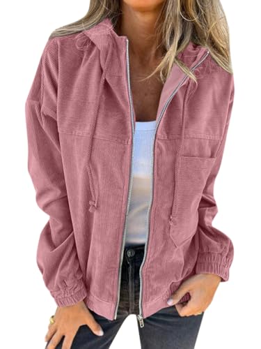 Onsoyours Damen Cord Jacke Übergangsjacke mit Kapuze Brauner Cord Mantel Damen Übergangsjacke Gefüttert Langarm Reißverschluss Herbst-Wintermantel mit Taschen B Rosa L von Onsoyours