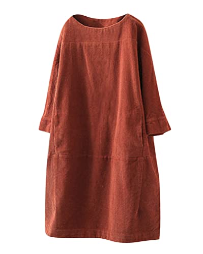 Onsoyours Damen Corduroy Tunika Kleider Rundhals Langarm Longshirt Oversize Pullover Lange Cordkleid Tshirt Kleider mit Taschen Orange XL von Onsoyours
