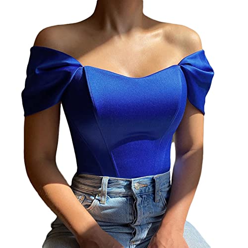 Onsoyours Damen Corset Tops Y2K Sexy Off Shoulder Schulterfrei Trägerlos Crop Top Bandeau Korsett Oberteile Push Up Bustier Clubwear Streetwear A Blau XS von Onsoyours