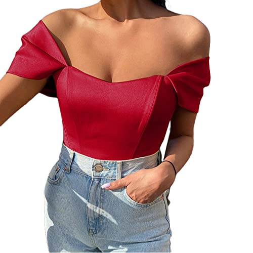 Onsoyours Damen Corset Tops Y2K Sexy Off Shoulder Schulterfrei Trägerlos Crop Top Bandeau Korsett Oberteile Push Up Bustier Clubwear Streetwear A Rot L von Onsoyours