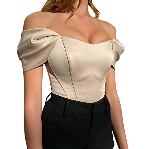 Onsoyours Damen Corset Tops Y2K Sexy Schulterfrei Trägerlos Überbrust Bandeau Korsett Oberteile Push Up Bustier Clubwear E-Girl Streetwear A Aprikose S von Onsoyours