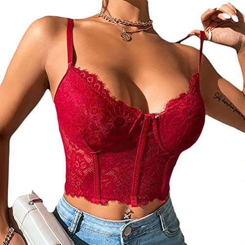 Onsoyours Damen Crop Top Y2K Sexy Corset Top Cross Wrap Neckholder Sommer Bauchfrei Camilose Spitze Cami Crop Tops Trägershirts Cropped Oberteil 02 Rot S von Onsoyours