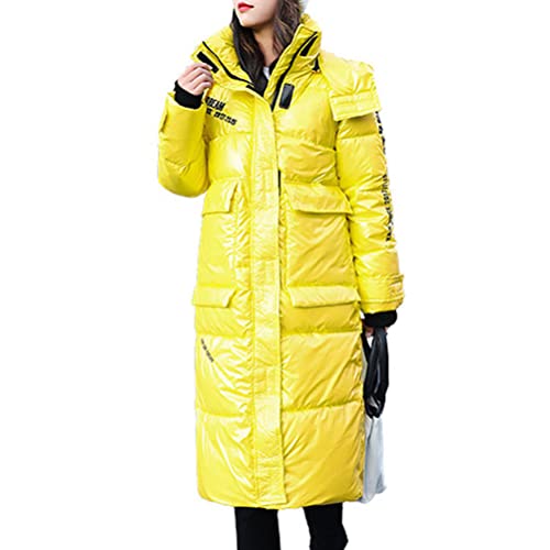 Onsoyours Damen Daunenjacke Winterjacke Steppjacke Wintermantel Lange Daunenjacke Parka Jacke Outwear Frauen Winter Warm Daunenmantel mit Pelzkragen Mantel Steppmantel E Gelb XXL von Onsoyours