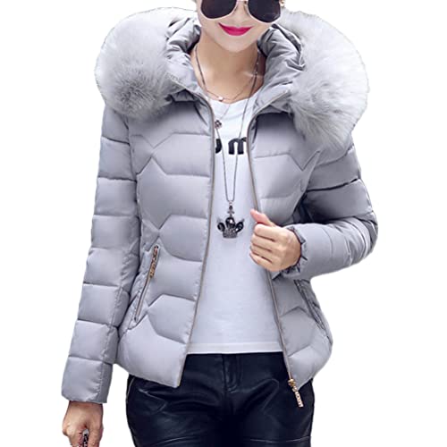 Onsoyours Damen Daunenjacke Wintermantel Parka Kurz Warm Steppmantel Jacke mit Pelzkapuze Slim Fit Reißverschluss Steppjacke Übergangsjacke Leichte Softshelljacke A Grau XL von Onsoyours