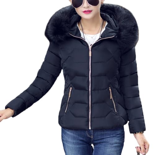 Onsoyours Damen Daunenjacke Wintermantel Parka Kurz Warm Steppmantel Jacke mit Pelzkapuze Slim Fit Reißverschluss Steppjacke Übergangsjacke Leichte Softshelljacke A Schwarz 3XL von Onsoyours