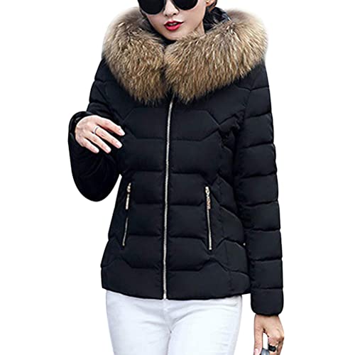 Onsoyours Damen Daunenjacke Wintermantel Parka Kurz Warm Steppmantel Jacke mit Pelzkapuze Slim Fit Reißverschluss Steppjacke Übergangsjacke Leichte Softshelljacke B Schwarz XXL von Onsoyours