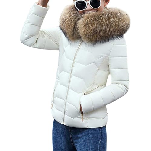 Onsoyours Damen Daunenjacke Wintermantel Parka Kurz Warm Steppmantel Jacke mit Pelzkapuze Slim Fit Reißverschluss Steppjacke Übergangsjacke Leichte Softshelljacke B Weiß XXL von Onsoyours