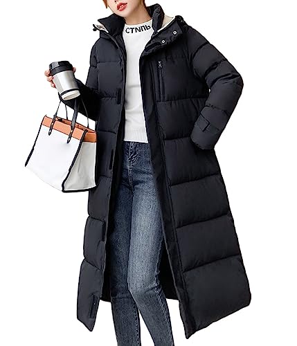 Onsoyours Damen Daunenmantel Winter Parka Lang Warm Steppmantel Daunenjacke mit Kunstfell Kapuze Reißverschluss Steppjacke Outdoor Mantel Softshelljacke mit Taschen A Schwarz XL von Onsoyours