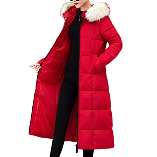 Onsoyours Damen Daunenmantel mit Kapuze Winter Warme Daunenjacke Oversized Elegant Wintermantel mit Reißverschluss Jacke Parka Steppmantel Langer Outdoor Mantel mit Taschen B Rot M von Onsoyours