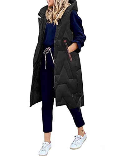 Onsoyours Damen Daunenweste Einfarbige Leichte Gesteppte Weste Jacke Kapuzenweste Wintermantel Lang Weste Mantel mit Kapuze Steppweste Wintermantel A Schwarz M von Onsoyours