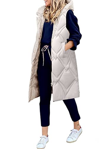 Onsoyours Damen Daunenweste Einfarbige Leichte Gesteppte Weste Jacke Kapuzenweste Wintermantel Lang Weste Mantel mit Kapuze Steppweste Wintermantel C Beige L von Onsoyours