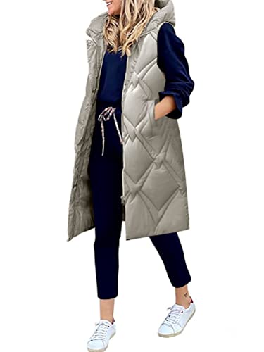 Onsoyours Damen Daunenweste Einfarbige Leichte Gesteppte Weste Jacke Kapuzenweste Wintermantel Lang Weste Mantel mit Kapuze Steppweste Wintermantel C Grün L von Onsoyours
