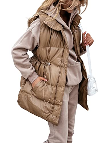 Onsoyours Damen Daunenweste Wintermantel Vest Weste Mantel Ärmellose Warmer Daunenmantel mit Taschen Steppweste Daunenjacke Steppjacke Outdoor Outwear Winterjacke A KhakiL von Onsoyours