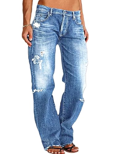 Onsoyours Damen Dehnbare hoch taillierte Boyfriend Jeans mit Geradem Bein und Ausgefransten Denim Hosen Jeanshosen Für Damen A Blau M von Onsoyours