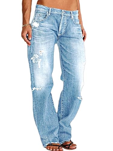 Onsoyours Damen Dehnbare hoch taillierte Boyfriend Jeans mit Geradem Bein und Ausgefransten Denim Hosen Jeanshosen Für Damen A Hellblau S von Onsoyours