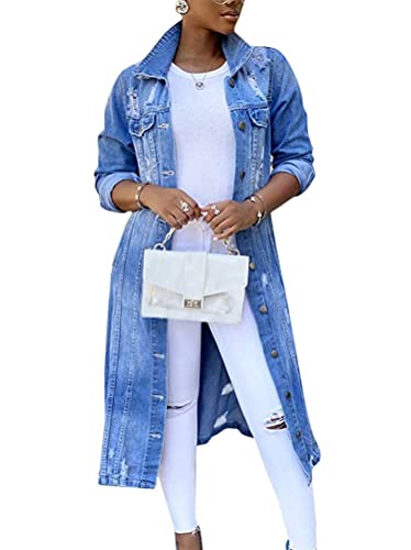 Onsoyours Damen Denim Jacke Einreiher Zerrissene Übergangsjacke Mantel Outwear Trenchcoat Lange Oversize Jeansjacke Jacken A Blau L von Onsoyours