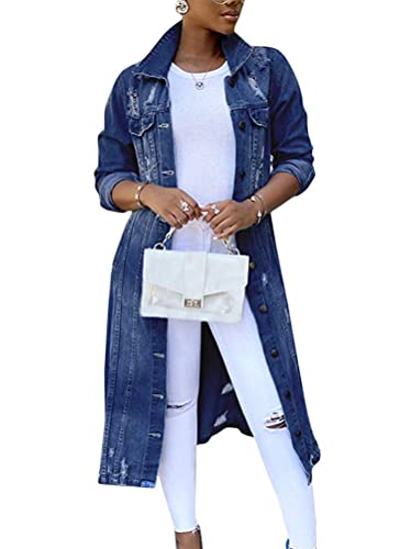 Onsoyours Jeansjacke Damen Lange Einreiher Zerrissene Langarm Denim Jacke Herbst Winter Oversize Übergangsjacke A Dunkelblau XL von Onsoyours