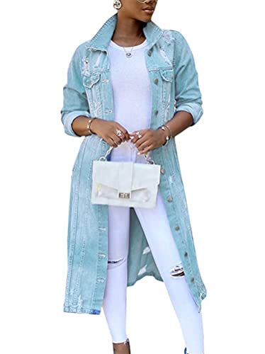 Onsoyours Damen Denim Jacke Einreiher Zerrissene Übergangsjacke Mantel Outwear Trenchcoat Lange Oversize Jeansjacke Jacken A Hellblau 3XL von Onsoyours