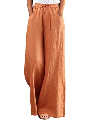 Onsoyours Damen Einfarbig Sommerhose Baumwolle Leinen Hose Lang Weites Bein Hose High Waist Bequem Luftig Leinen Freizeithose Leicht Elegant Locker Hose A Orange S von Onsoyours