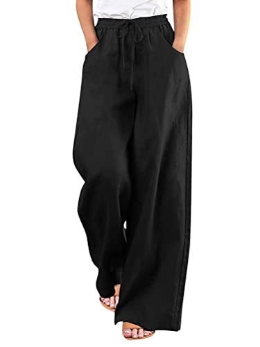 Onsoyours Damen Einfarbig Sommerhose Baumwolle Leinen Hose Lang Weites Bein Hose High Waist Bequem Luftig Leinen Freizeithose Leicht Elegant Locker Hose A Schwarz M von Onsoyours