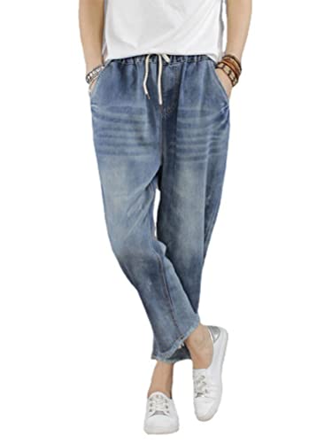 Onsoyours Damen Elastische Taille Jeans Hose Denim Tapered Stretch Haremshosen Straight Blumendruck Hose Jeanshosen mit Tunnelzug A Blau XS von Onsoyours