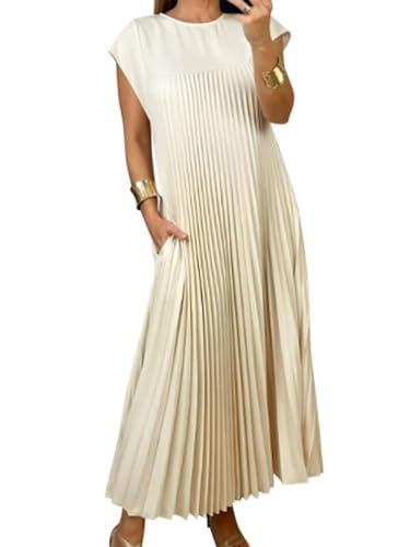 Onsoyours Damen Elegant Ärmellos Rundhals Plisseekleid Festlich Hochzeit Lang Abendkleid A-Linie Freizeitkleid Maxi Kleid Herbst Winter Kleid mit Taschen A Aprikose M von Onsoyours