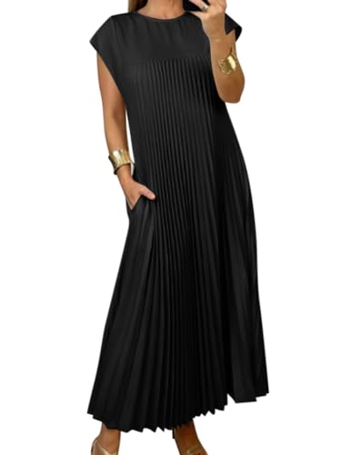 Onsoyours Damen Elegant Ärmellos Rundhals Plisseekleid Festlich Hochzeit Lang Abendkleid A-Linie Freizeitkleid Maxi Kleid Herbst Winter Kleid mit Taschen A Schwarz L von Onsoyours