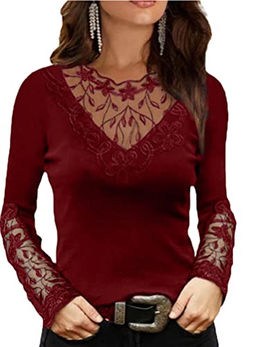 Onsoyours Damen Elegant Blusen Blumenspitzen Oberteile Langarm Bishop Ärmel Tunika Stretchy T-Shirts V-Ausschnitt Mit Schleife Spitzeshirts Oberteile Streetwear Weinrot 01 M von Onsoyours