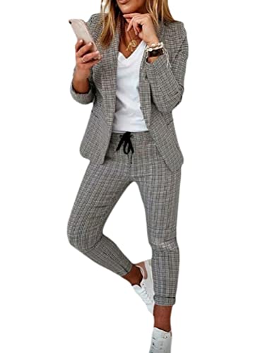 Onsoyours Damen Elegant Business Anzug Set Hosenanzug Blazer Hose 2-teilig Anzug Karo Kariert Zweiteiler Slimfit Streetwear A Grau MA von Onsoyours