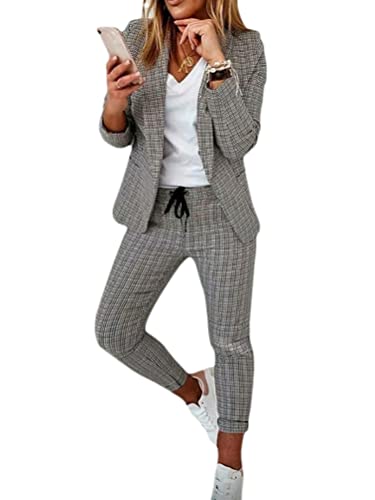 Onsoyours Damen Elegant Business Anzug Set Hosenanzug Blazer Hose 2-teilig Anzug Karo Kariert Zweiteiler Slimfit Streetwear A Grau XLA von Onsoyours