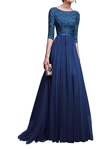 Onsoyours Damen Elegant Halbarm Rundhals Vintage Spitzenkleid Hochzeit Chiffon Faltenrock Langes Kleid Schlanke Plissee Spitzen Lang Brautjungfer Abendkleid Blau M von Onsoyours