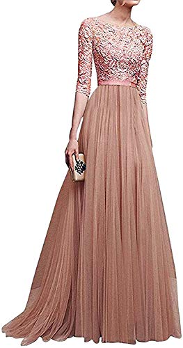 Onsoyours Damen Elegant Halbarm Rundhals Vintage Spitzenkleid Hochzeit Chiffon Faltenrock Langes Kleid Schlanke Plissee Spitzen Lang Brautjungfer Abendkleid Rosa XS von Onsoyours