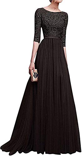 Onsoyours Damen Elegant Halbarm Rundhals Vintage Spitzenkleid Hochzeit Chiffon Faltenrock Langes Kleid Schlanke Plissee Spitzen Lang Brautjungfer Abendkleid Schwarz L von Onsoyours