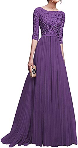 Onsoyours Damen Elegant Halbarm Rundhals Vintage Spitzenkleid Hochzeit Chiffon Faltenrock Langes Kleid Schlanke Plissee Spitzen Lang Brautjungfer Abendkleid Violett XS von Onsoyours