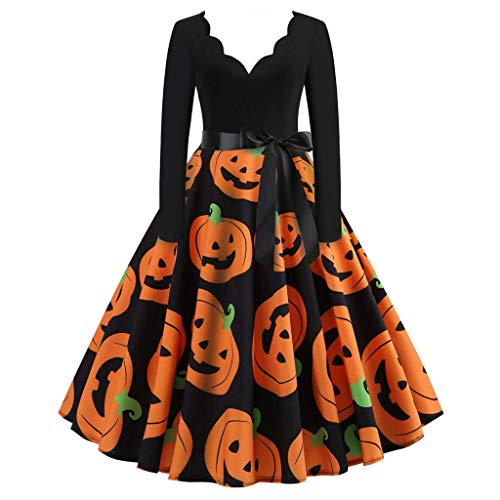 Onsoyours Damen Elegant Kleid Langarm A-Linie Mit Blumendruck U-Ausschnitt Partykleider Cocktailkleid Printkleid Knielang Weihnachtsrock G Orange L von Onsoyours