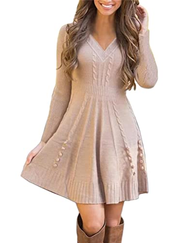 Onsoyours Damen Elegant Kleid Wickelkleid V-Ausschnitt Patchwork Langarm Cocktailkleid Partykleid Blusenkleider Ballkleid Festkleid Abendkleider C Braun XL von Onsoyours