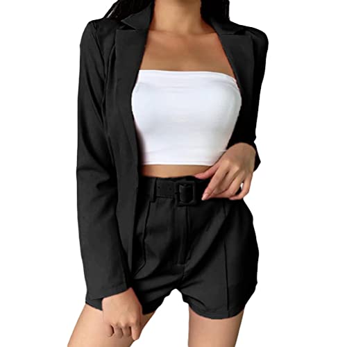 Onsoyours Damen Elegant Langarm Blazer Sakko Einfarbig Slim Fit Revers Jacke Business One Button Top 3 Stück Mantel Shorts Anzugsets für Frühling Sommer Z2 Schwarz M von Onsoyours