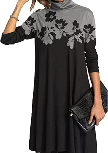 Onsoyours Damen Elegant Langarm Blumen Kleider Knielang Einfarbige Rollkragen Winterkleid Longshirt Causual Lose Midikleid Tunika Kleid Herbst Grau B 3XL von Onsoyours