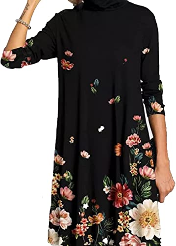 Onsoyours Damen Elegant Langarm Blumen Kleider Knielang Einfarbige Rollkragen Winterkleid Longshirt Causual Lose Midikleid Tunika Kleid Herbst Schwarz B XXL von Onsoyours