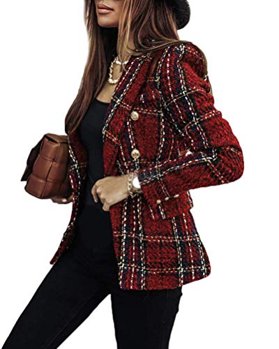 Onsoyours Damen Elegant Langarm Plaid Blazer Sakko Einfarbig Slim Fit Revers Geschäft Büro Jacke Kurz Mantel Anzüge Bolero Mit Knopfleiste A Rot XL von Onsoyours
