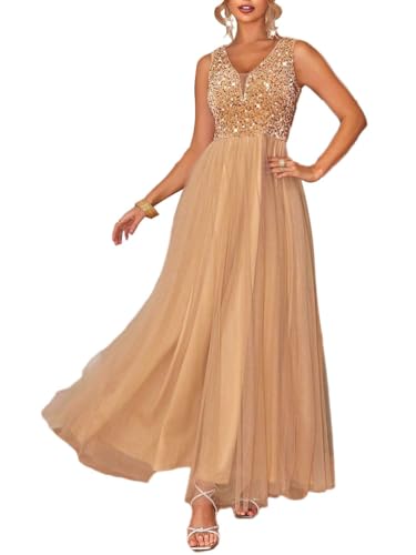 Onsoyours Damen Elegant Maxi Lang Abendkleid V-Ausschnitt Spitzenkleid Chiffon Partykleid Abschlusskleid Lang Ballkleid Strandkleid O Gold 34 von Onsoyours