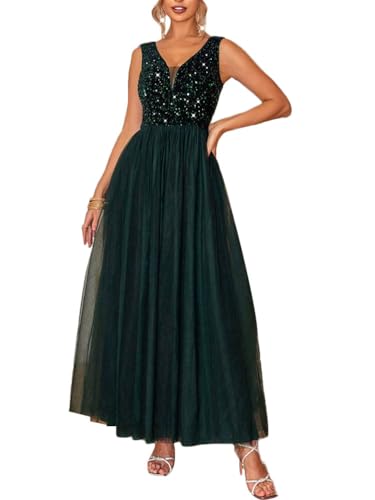 Onsoyours Damen Elegant Maxi Lang Abendkleid V-Ausschnitt Spitzenkleid Chiffon Partykleid Abschlusskleid Lang Ballkleid Strandkleid O Grün 38 von Onsoyours