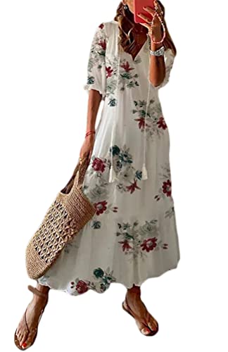 Onsoyours Damen Elegant Sommerkleider Lange Kleid Chiffon Rüschen Blumen Kurzarm V-Ausschnitt Hohe Taille Boho Blumenkleid Maxikleid Partykleid Cocktailkleid Rot 3XL von Onsoyours