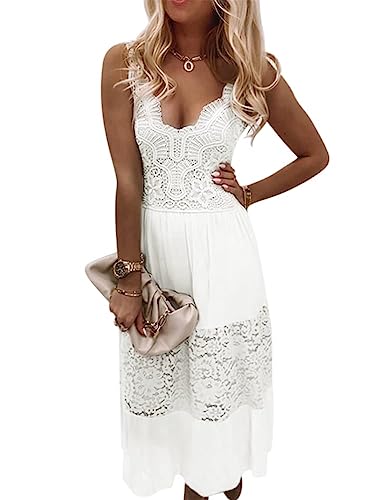Onsoyours Damen Elegant Spitzenkleid V-Ausschnitt Minikleid 3/4-Arm A-Linie Kleider Hohe Taille Kurzkleid Casual Skaterkleid Freizeitkleider Boho Beach Mini Dress C Weiß XXL von Onsoyours