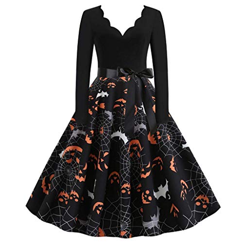 Onsoyours Damen Elegant Weihnachten Kleider Langarm Vintage Hepburn Cocktailkleid Weihnachten Druck Partykleid Swing Kleid Rundhals Dress G Schwarz 3XL von Onsoyours